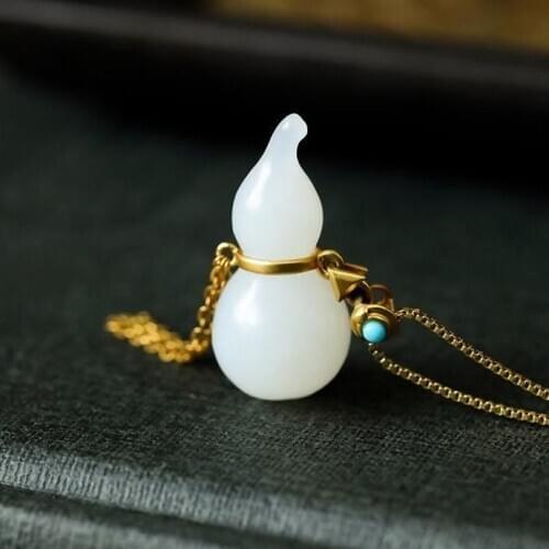 Silver inlaid natural Hetian white jade gourd Pendant Necklace Chinese classical unique sand gold craft charm womens jewelry