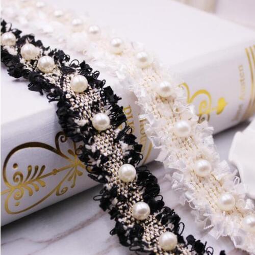 10Yd/lot 2.6cm wide Korean style beige black beaded lace DIY clothing headwear luggage decorative lace ribbon accessories AC1396
