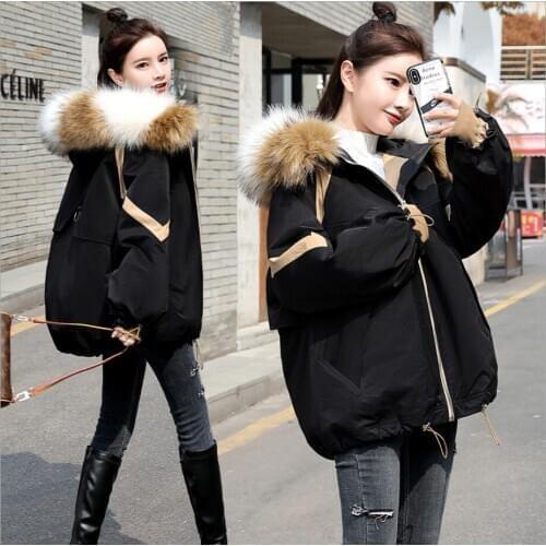 New Winter Black White Blue Coat Womens Jacket Casual Short Parka Fur Hooded Outerwear Women Down Cotton Padded Jackets Coats