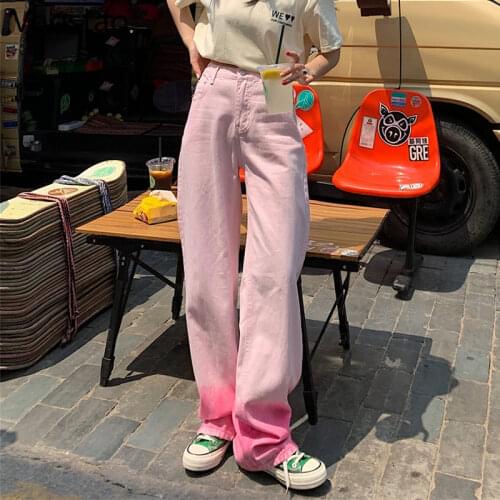 Sweet Pink Gradient Fashion Women Denim Pants Harajuku High Waist Casual Plus Size Jeans Spring Autumn Female Kawaii Trousers