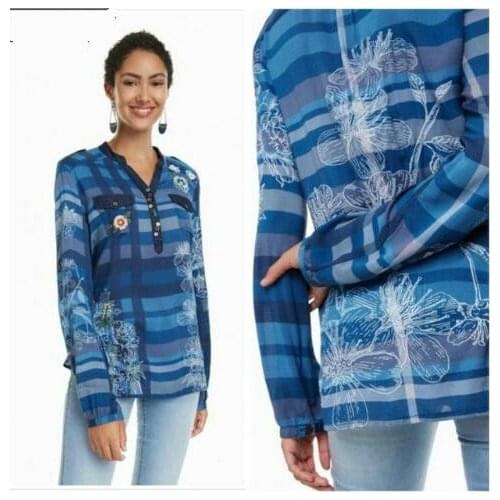 Spanish European and American single soft and breathable embroidered cotton silk V-Neck long sleeve shirt