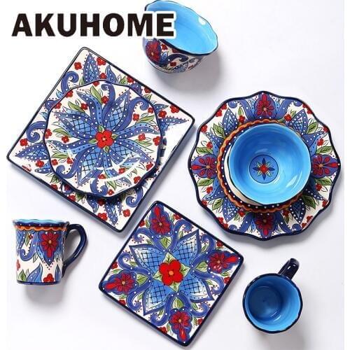 Creative Ceramic Dinnerware Set with Flower Print Plate Bowl Mug Big Size Tableware Dish Steak Plates Retro Design Gift Set