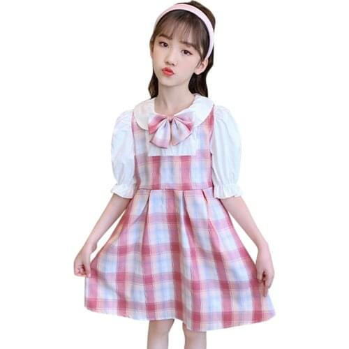 Girl Dress Plaid Pattern Girls Dress Kids Bow Party Dress For Children Patchwork Girls Clothes 6 8 10 12 14