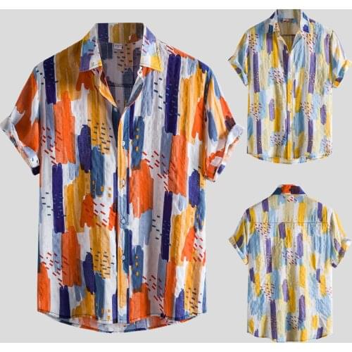 Plus Size Shirts For Mens Fashion Graffiti Color Print Casual Hawaii Beach Shirt Summer Short Sleeve Turn-Down Collar Shirts