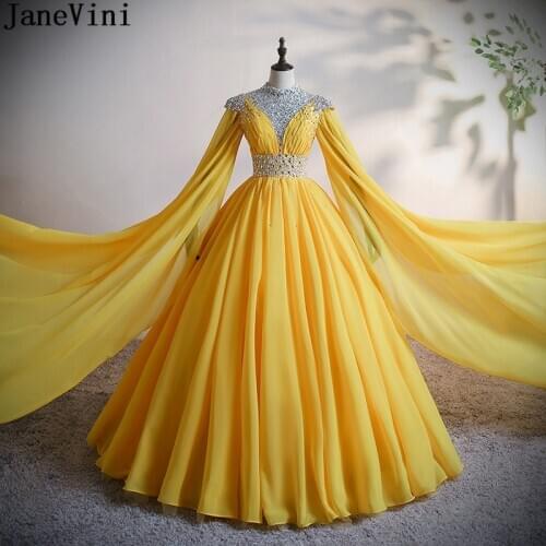 JaneVini Luxurious Arabic Beaded Quinceanera Dresses Long Floor Length Sleeves Dubai Ladies Crystal Sequined Evening Ball Gowns