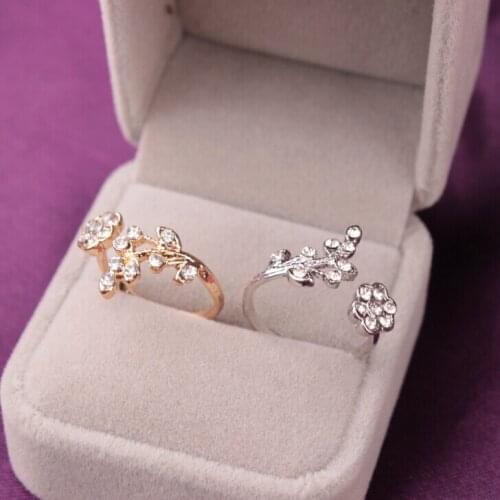 Rhinestone Leaves Flowers Ring For Woman Wedding Engagement Statement Ring Jewelry Valentines Day Gifts Vintage Rings 2PCS