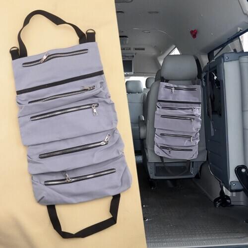 Universal Car Multi-Purpose Tool Roll Up Storage Bag Wrench Organizer Seat Hanging Pouch Grey Oxford Cloth
