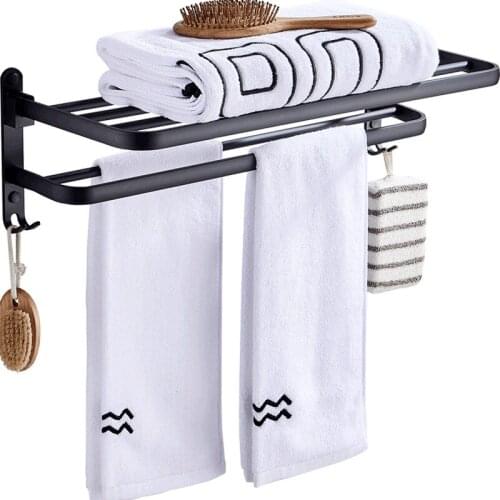 Punch-free bath towel rack Space aluminum black bathroom rack Folding towel rack hook bathroom hardware pendant