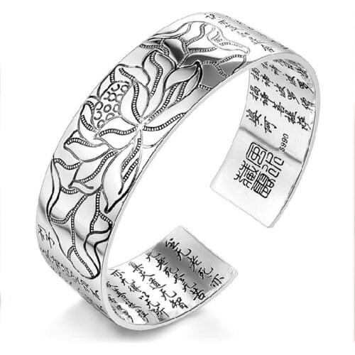 Sangsy Vintage Silvery Cuff Mantra Bracelet Men Heart Sutra Bangle Lotus Flower Braclet Tibetan Buddhism Ethnic Jewelry