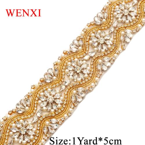 WENXI 1YARD Bridal Hand Made Beaded Sewing Silver Crystal Rhinestone Applique Trim For Wedding Dresses DIY Iron On WX812