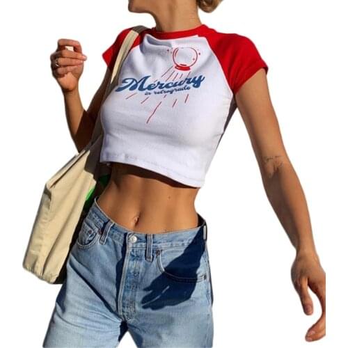Women Summer Raglan Short Sleeve T-Shirts Harajuku Letters Printed Top Color Block O-Neck Casual Slim Streetwear