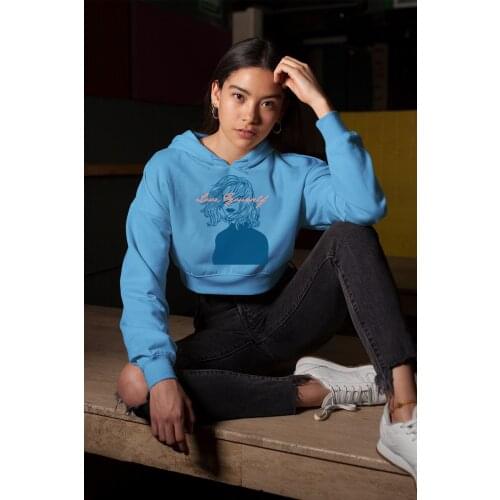 Angemiel Wear Love Yourself Vicinity Women Blue Short Hooded Sweatshirt