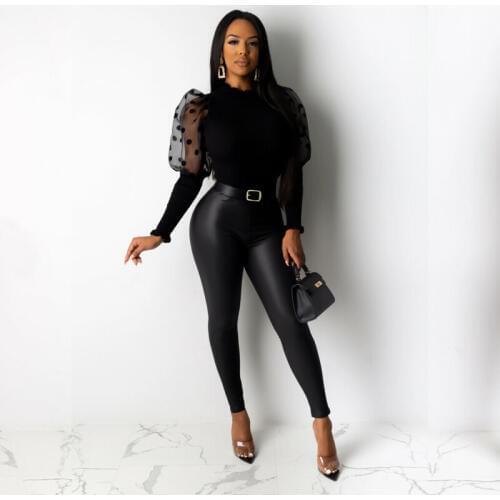 2020 Newest Hot Womens Polka Dot Puff Long Sleeve Jumper Ruched Collar Tops Ladies Casual Turtleneck Knitted Sweater Pullover