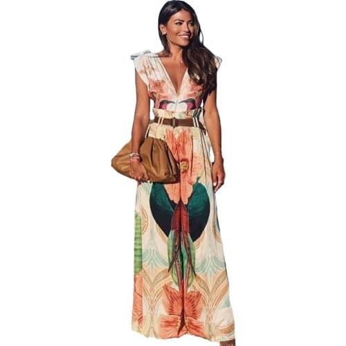 Women Wide-leg Jumpsuit Printed Loose Rompers Sexy Deep V-neck High Waist All-match Trousers Summer Bohemian Ladies Jumpsuits
