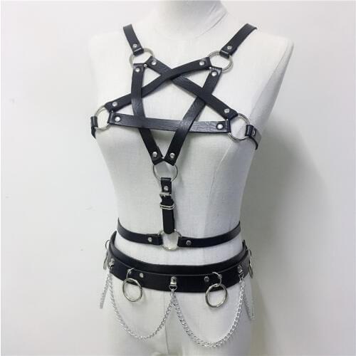 Punk Faux Leather 2 Piece Set Women Fashion Pentagram Crop Top Chain Harness Belt Rave Festival Party Two Piece Club Outfits