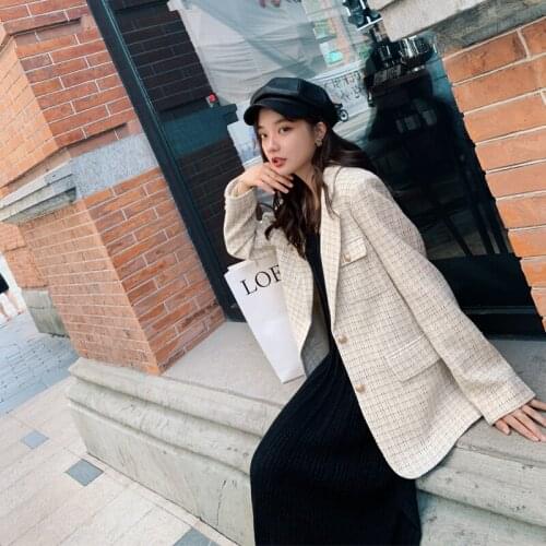 Single Breasted Vintage Plaid Blazers Coat Spring Autumn Women Elegant Slim Korean Style Casual Suit Jacket Lady Outerwear 9012