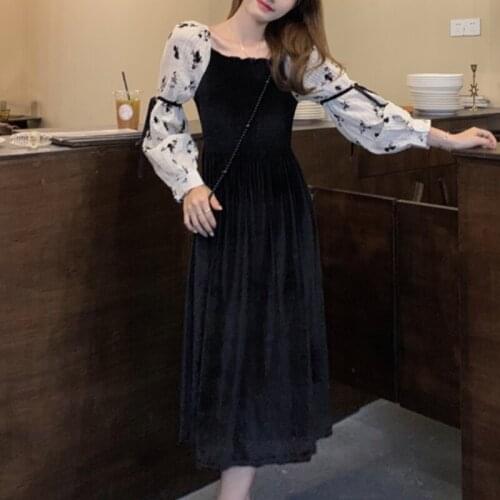 French Fairy Midi Dress Women French Patchwork Vintage Black Gothic Dress 2021 High Street Korean Party Long Sleeve Female Dress