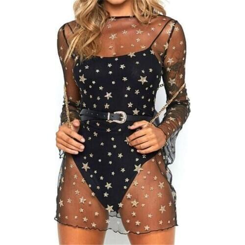 Women Dress Sexy Party Clothes Summer Casual Long Sleeve Mini Dress Sexy Ladies Loose Dresses Mesh See Through Ladies Dresses