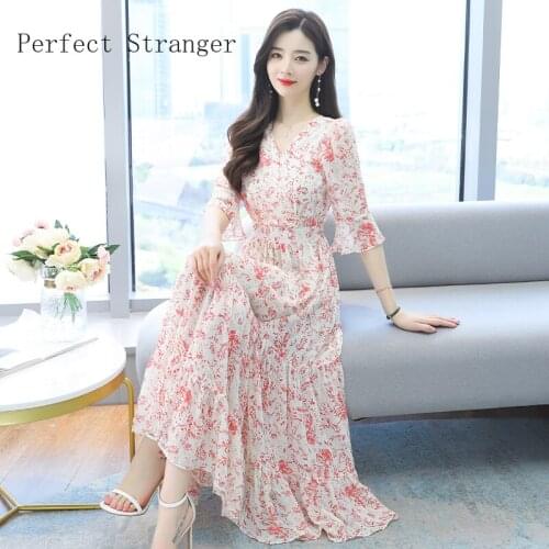 2021 Summer New Arrival Women Clothing Elegant V Collar Flower Printed Flare Sleeve Women Chiffon Long Dress