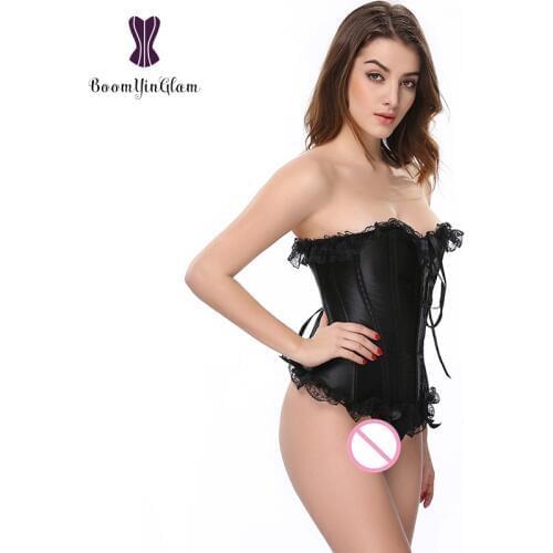Wholesale Satin Top Women Overbust Bustiers Slimming Body Shapewear Lace Trim Boned Corset With G String 838