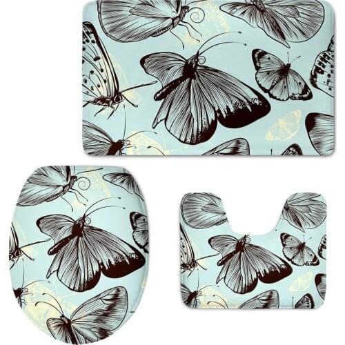 2021 Black Butterflies Modern Design Bathroom Mat Anti Skid Inodoro Decroation Commode Mat Toilet Seat Cover Bath Rugs 3pcs set