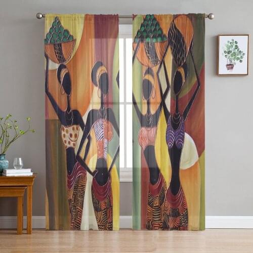 African Women Mural Culture Print Sheer Window Panel Curtains Room for Living Room Bedroom Kitchen Room Chiffon Tulle Curtains