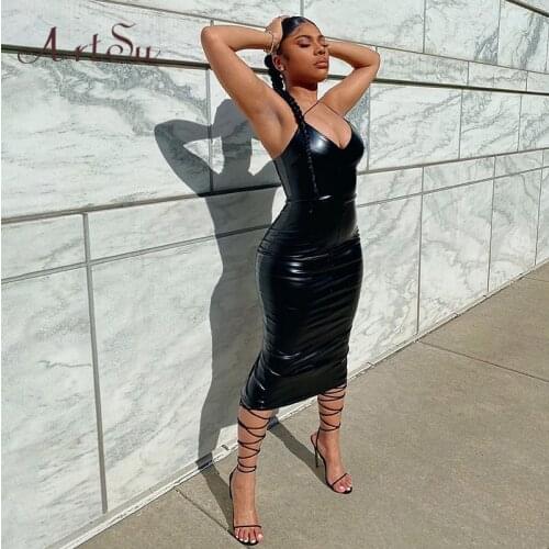 Artsu Winter Pu Faux Leather Women Slit Midi Dress Strap V Neck Backless Bodycon Sexy Dresses Elegant Autumn Winter Club 41837