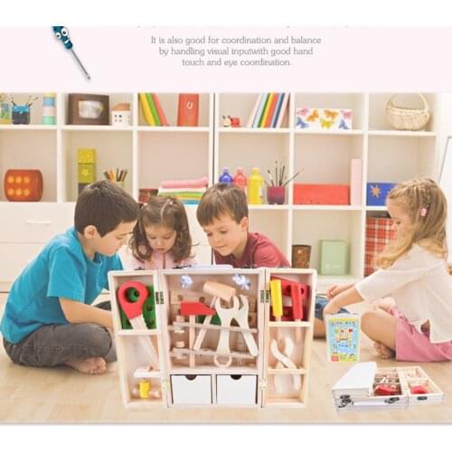 Wooden Toy Simulation Tool Box Multifunctional Toy Portable Repair Training Hand Eye Coordination Puzzle Toys 4-6 Years Old