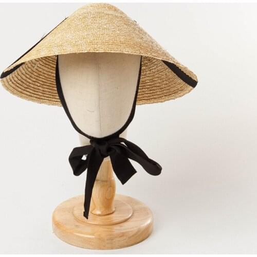 Kids' Natural Straw Hat Big Brim 18CM Wheat Straw Sunhat for Children Outdoor Beach Hats With Black Ribbon Sun Protection Cap