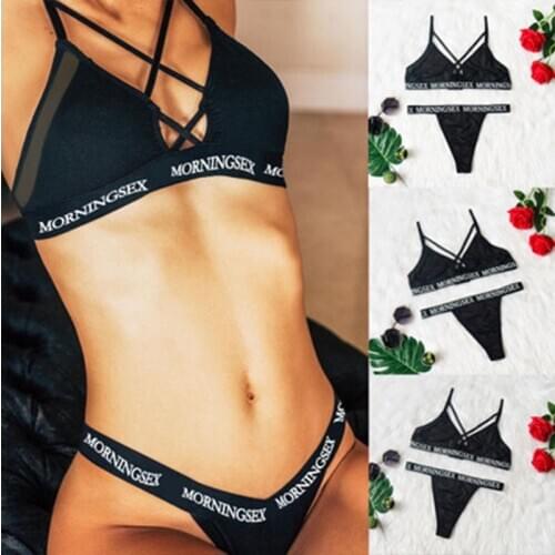 2020 New Womens Sexy Sports Underwear Set Girl Sexy Bandage Corset Letter Push Up Bra+Thongs Panties Lingerie Summer Style