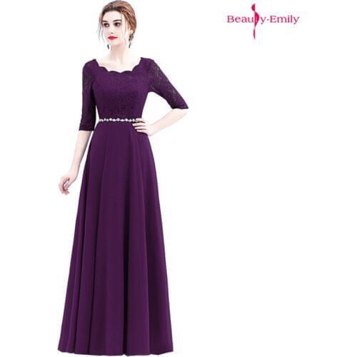 Beauty Emily 2019 Lace O Neck Evening Dresses Half Sleeve Crystal A Line Party Dress Pleated Prom Gowns vestido de festa longo
