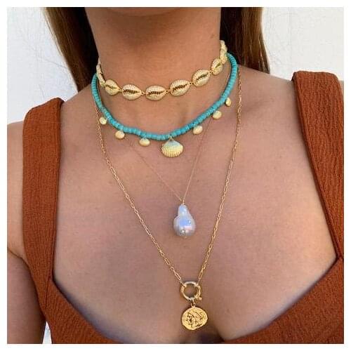 2019 summer beach trendy women lady sexy choker jewelry Gold filled white rainbow colorful cz sea shell design necklace jewelry