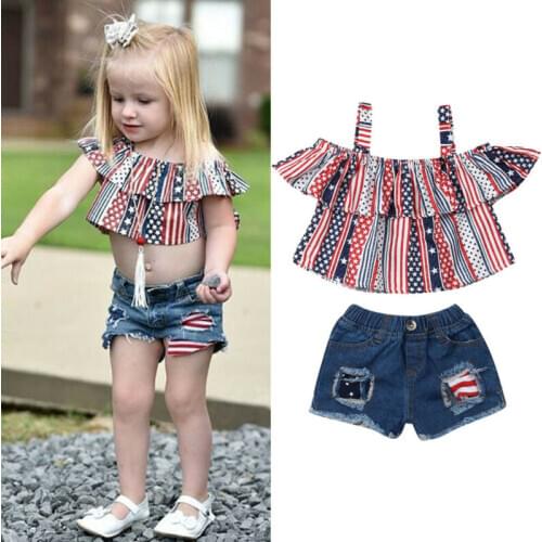 Summer Fashion Toddler Baby Girl Clothes Off Shoulder Ruffle Striped Cropped Tops Denim Shorts 2Pcs Outfits Set