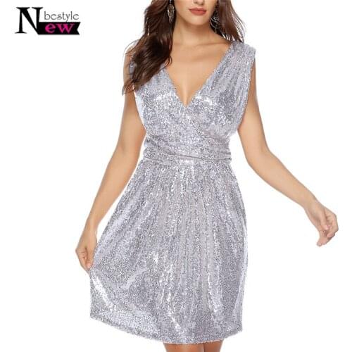 Fashion Deep V Neck Silver Sequined Backless Sexy Dress Women Sleeveless Dress Short Christmas Party Club Soft Dresses Vestidos