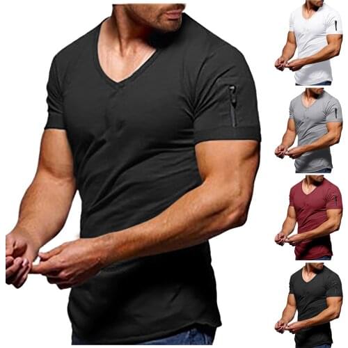 Men Solid Color T-shirt Summer Casual Tops Sport Fitness Plus Size V Neck Short Sleeves Tees