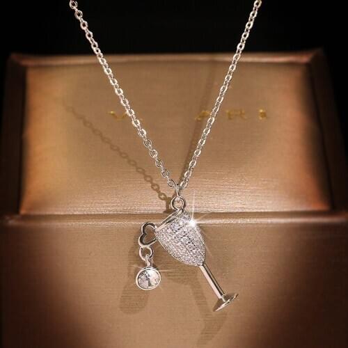 New Fashion Ladies 925 Silver Necklace Creative Shiny Zircon Crystal Wine Glass Sexy Charm Pendant Necklace Sweater Chain