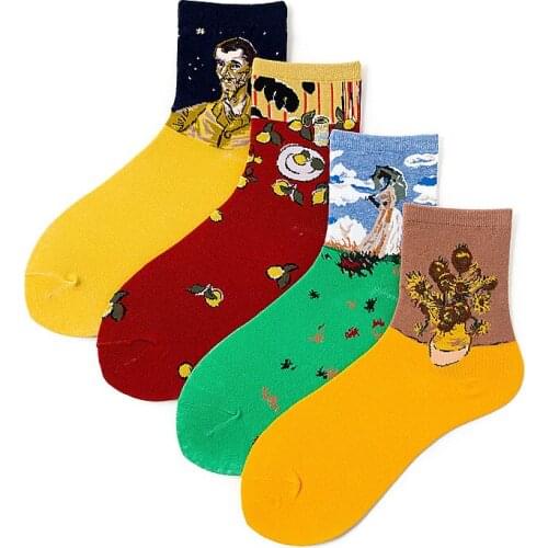 New Autumn Winter Fashion Socks Mid-Calf Length Sock European and American Street Van Gogh Sunflower Cotton Socks