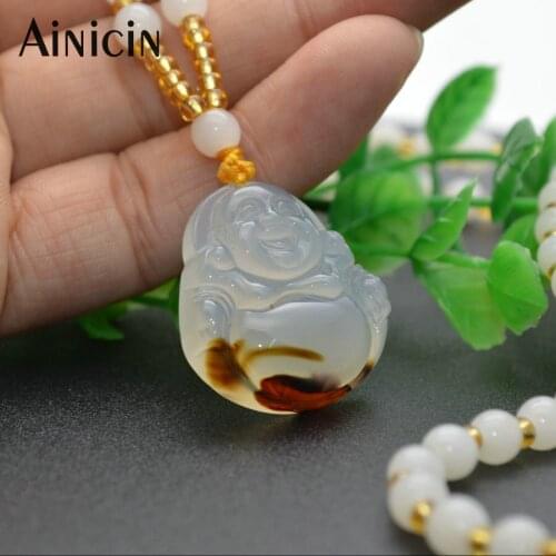 Original Natural Agate Hand Carved Laughing Buddha Pendants 24'' Stone Beaded Chain Necklace Fashion Women Sweater Chain Jewelry