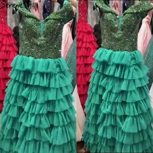 Serene Hill Green A-Line Sexy Evening Dresses Gowns 2021 Beaded Tiered Sleeveless For Women Wedding Party LA71175