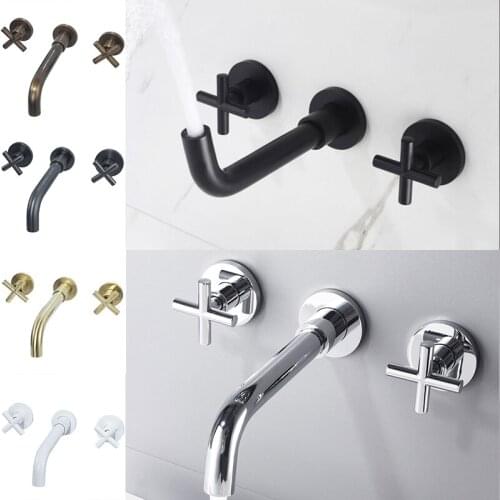 Solid Brass Washbasin Faucet Wall Mounted Double Handle Hot and Cold Water Mixer Tap Bathroom Sink Swivel Spout Bathtub Faucet