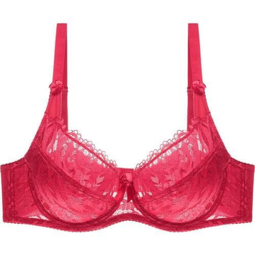 YANDW red mesh bra lace bralette embroidery unlined hollow underwire sexy lingerie beautiful floral women 36D 38D 40D 42D 44D