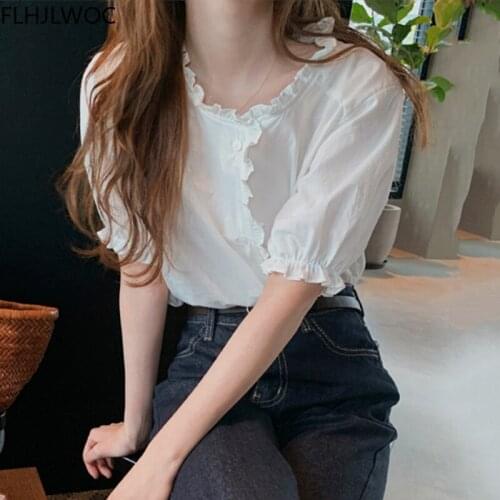 Chic Korea Fashion Women Japanese Style Girls Cute Sweet Ruffled Peter Pan Collar Tops Solid White Single Breasted Button Shirts
