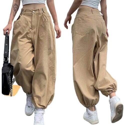 Womens Baggy Pants Fashion Oversized Cargo Pants Hip Hop Loosed Adjustable Waist Drawstring Streetwear Long Pant