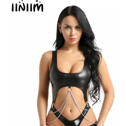Women Sexy Leather Bralette Lingerie Gothic Punk Party Crop Top Black Sleeveless Chain Clips Bustier Tank Top Bodycon Vest Tops