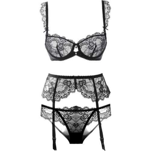Womens ultra thin breathable lace see through push up underwire underwear set sexy bra+lace garter belt+elastic briefs 3pcs/set