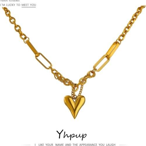 Yhpup Romantic Heart Pendant Necklace for Women High Quality Stainless Steel 18 K Metal Texture Choker Necklace Anniversary