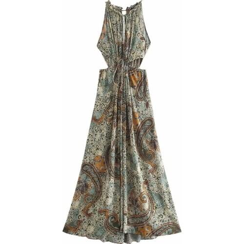 New Women Vintage Printed Hollow Out Dress Vogue Sleeveless Cut-out waist Chic Lady Elegant Sexy Maxi Dresses Woman Robe
