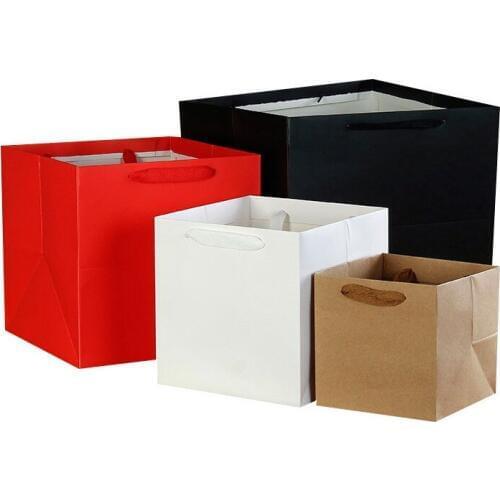 100pcs/lot 4 Colors Square Fruit flowers packaging paper bag with handle square bottom kraft paper bag gift bag 4 Size