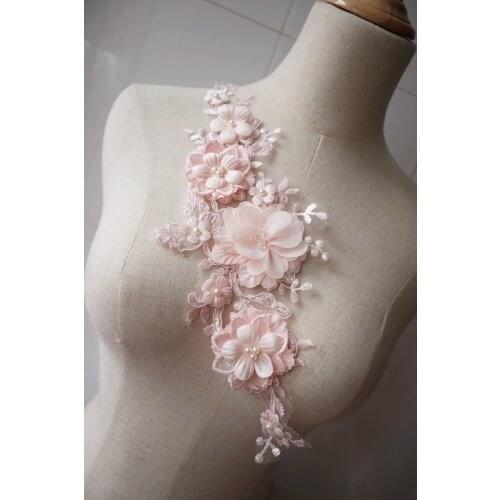 10 pieces light nude pink 3D lace applique, lilac 3D flowers beaded appliques for bridal dress sewing accessories