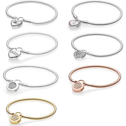 2019 NEW 100% 925 Sterling Silver Moments Smooth Bracelet With Signature Padlock Fit Women Original Fashion Jewelry Gift